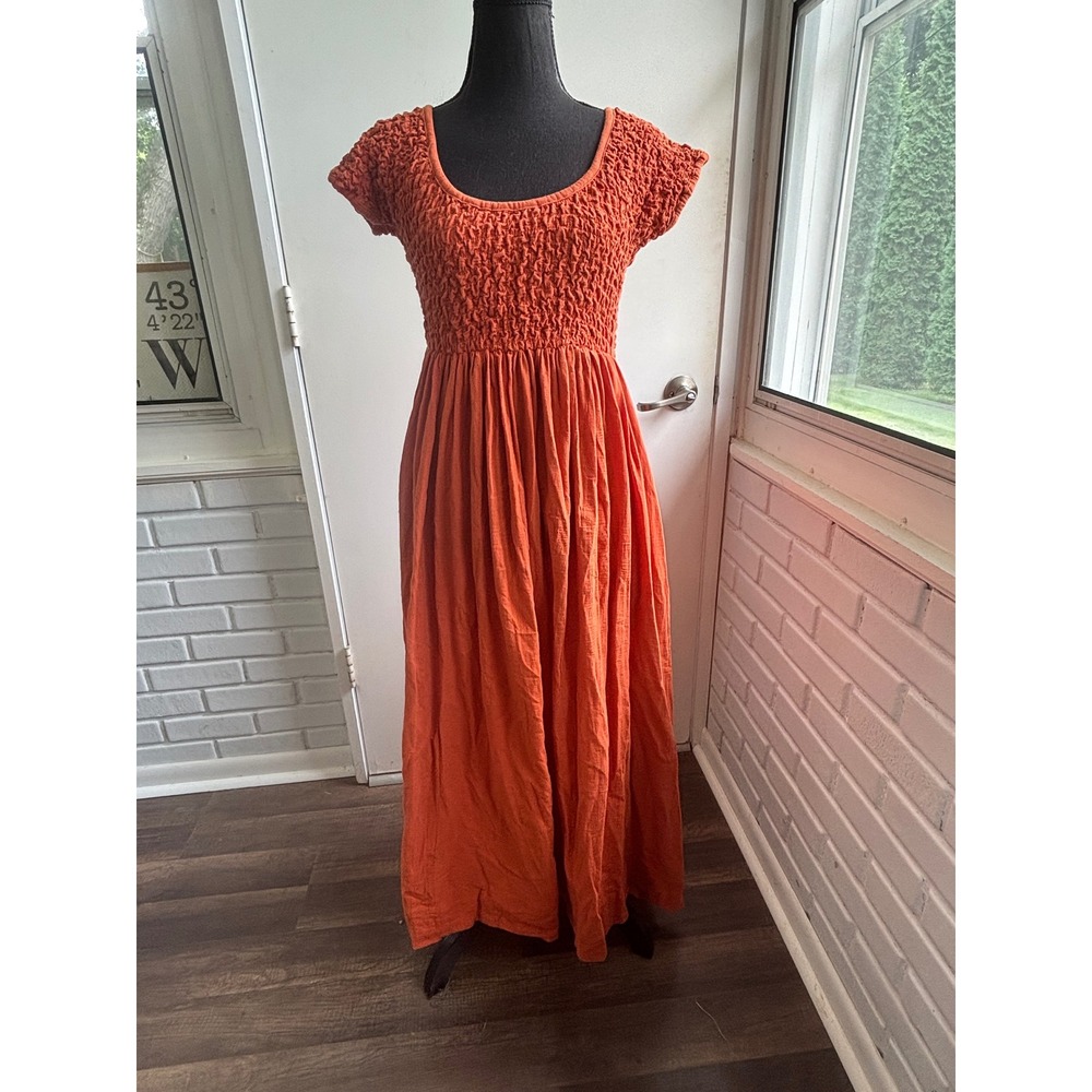 Free People All Eyes on You Maxi Dress Medium Boho Smocked prairie flattering